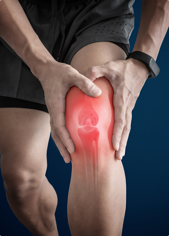 Close-up showing a person with severe knee pain, highlighting the joint structure and suggesting an orthopedic injury or arthritis.