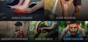 A collage showing common sports injuries: a person holding a painful ankle labeled ‘Ankle Sprains,’ someone clutching their knee labeled ‘Knee Injuries,’ an athlete touching their shoulder labeled ‘Shoulder Injuries,’ a person holding their lower leg labeled ‘Shin Splints,’ and a man pressing his temples due to head pain labeled ‘Concussions.