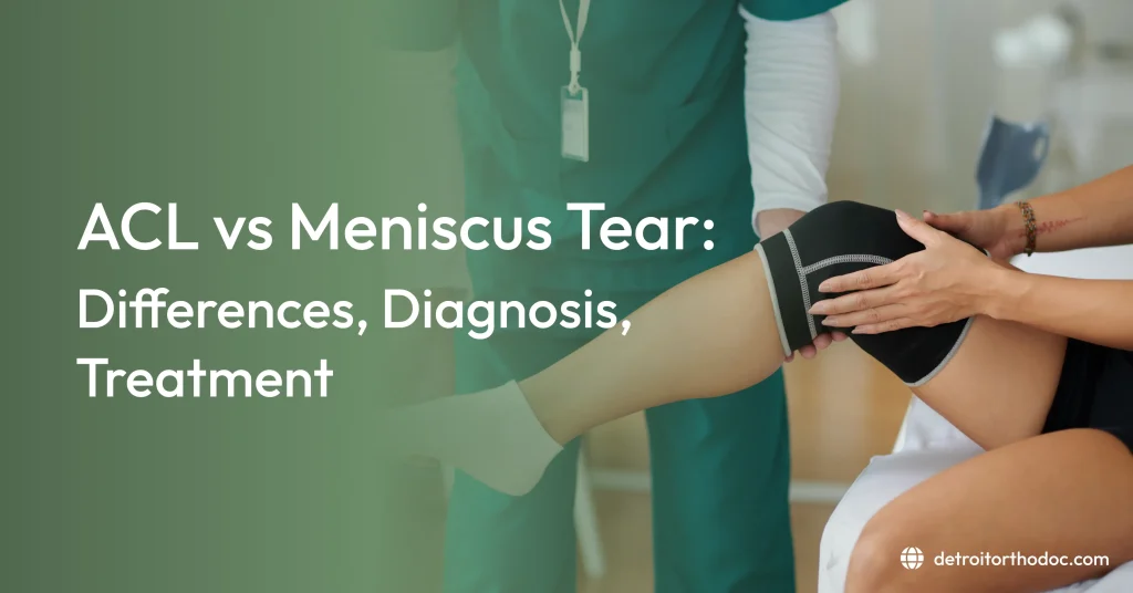 A healthcare provider examines a patient's knee brace during a clinical consultation, accompanying an article titled "ACL vs Meniscus Tear: Differences, Diagnosis, Treatment" from detroitorthodoc.com